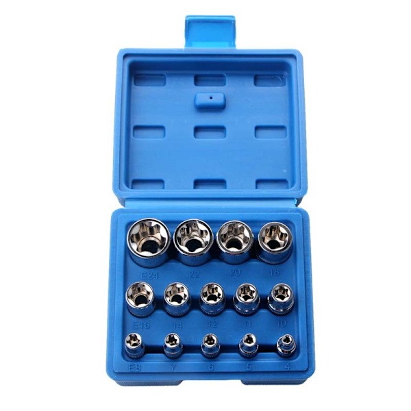 （130x57x115mm）Sett med 14 hunn Torx-hylser E4-E24 sekskantet