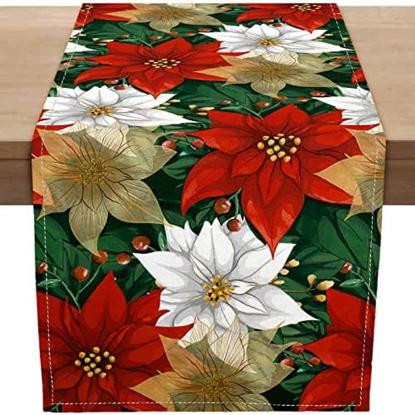 Julröd Guld Poinsettia Bordlöpare, Jul Vinter Liten Burlap Bordlöpare Säsongsbetonad Semester Kök Matbord Deko