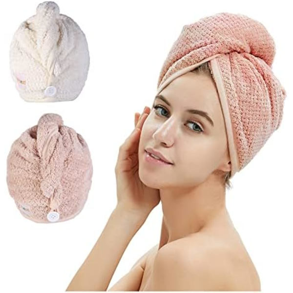 2-pack Mikrofiber Hårhandduk Wrap, Hår Torkhandduk med Knapp, Handduk Turban, Huvudhandduk för att Torka Håret Snabbt (Rosa & Beige