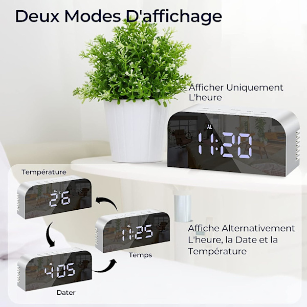 Digitaalinen peiliherätyskello, LED-digitaalikello, yöpöydälle, 2 kirkkaustasoa, 12/24H, 2 USB-latausportilla, moderni sisustus kotiin tai makuuhuoneeseen,