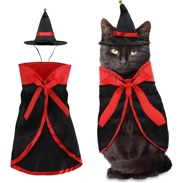 (L)Halloween kattekostume, justerbar vampyrkappe med hat, Halloween kattetilbehør, killing