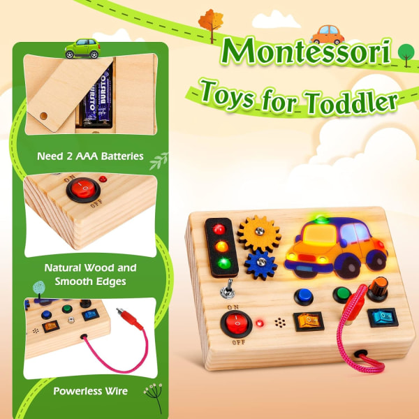 Busy Board Montessori-leke for barn 2 3 4 år gammel, treleke med lysende LED-knapper, sensor
