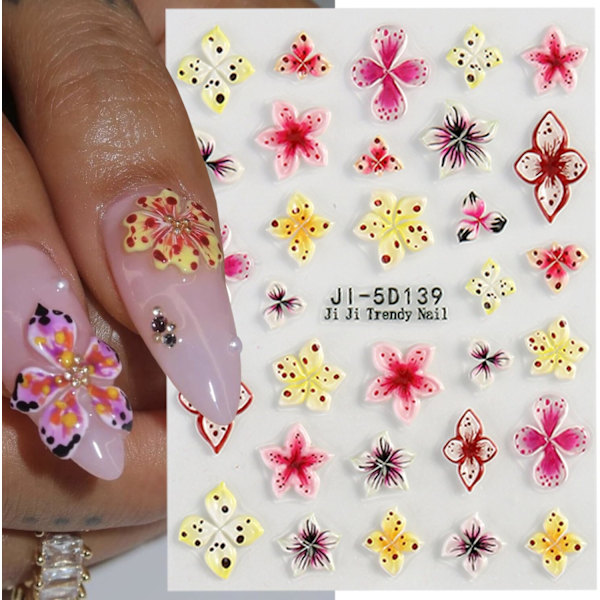 4 ark Nagelstickers Självhäftande Nagelstickers Färgglada 3D Blommor Floral Nagelstickers Konstdesign Tillbehör Hög Kvalitet