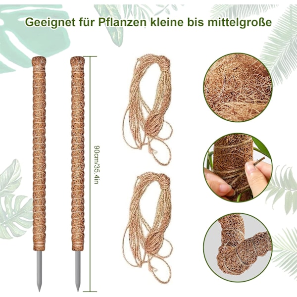 2 st 90CM Böjbara Mosspinnar med 2 st 2M Långa Hamparep, Kokos Palm Sticka för Växter, Klätterhjälpmedel för Klängväxter, Ga