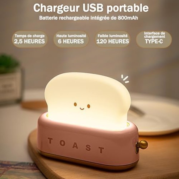 134x54x98mm Toast Natlampe LED Genopladelig Natlampe Sengelampe Lysstyrke og Justerbar Kawaii Værelsesindretning Chri
