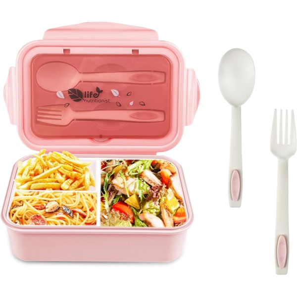 Set, Rosa Lunchlåda med 3 Fack och Sked Gaffel 1400ml, Läcksäker Bento Box, BPA-fri, Mikrovågsugns- och Diskmaskinsäker, Lämplig för Vuxna, Barn