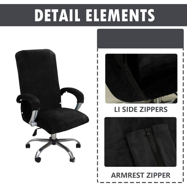 Musta, XL, työtuolin cover yksivärisellä samettipehmokäsinojalla, irrotettava ja kestävä elastinen kangas