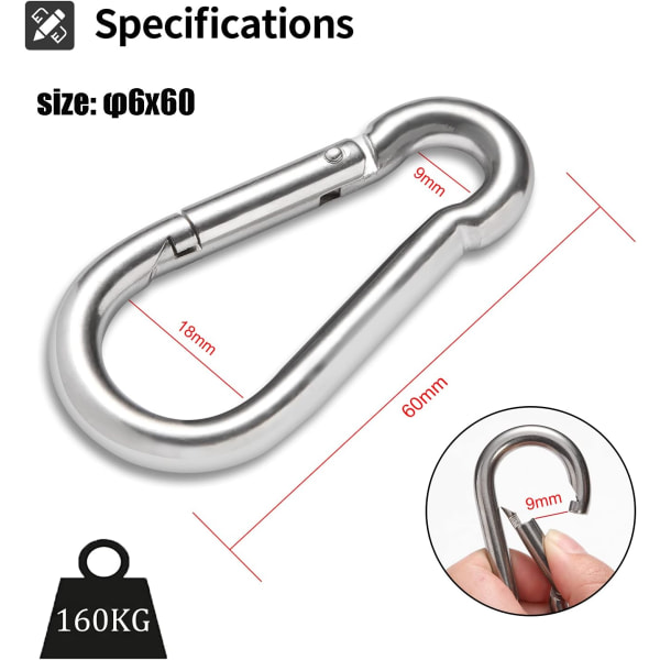 10-pack nyckelringskarbinhakar - Diameter 6mm - Maximal belastning 160kg -