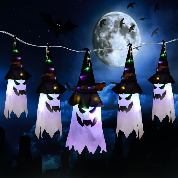 Halloween-kummituskoriste, 5 kpl Halloween-riippuva kummitusnoidan hattuvalo Halloween-koriste LED-valot