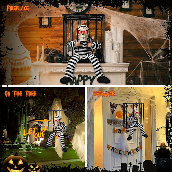 Halloween Dekoration Spökhus Rekvisita Fängelse Hängande Spöke Ljud Lysande Hängande Spöke Bur Han