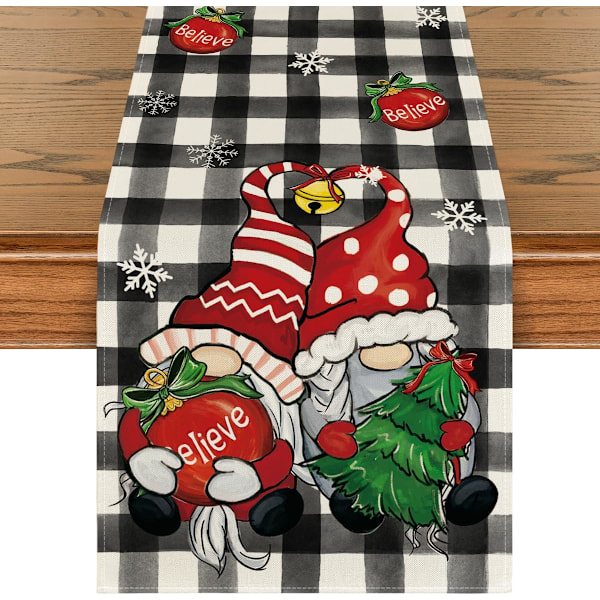 33×183×1cm Plaid Gnome Bell Xmas Tree Christmas Table Runner, Seasonal Winter Kitchen Dining Table Decoration for Home P