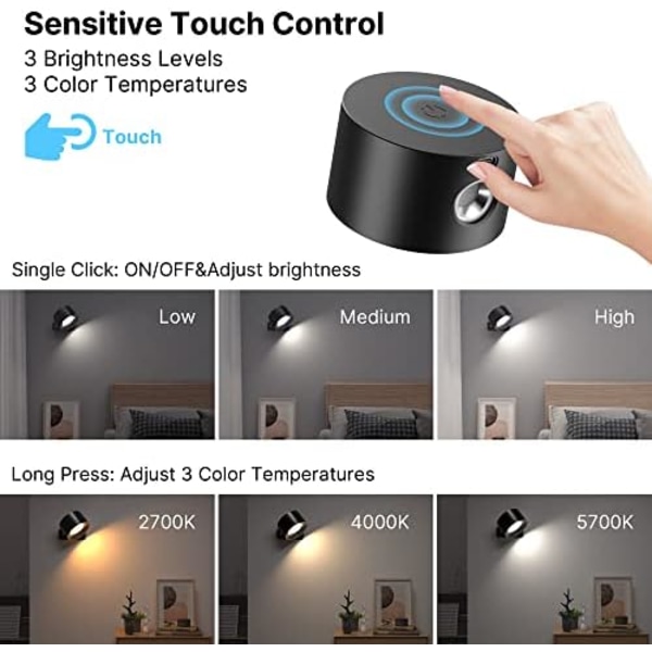 Indendørs LED Væglampe, 3 Lysstyrkeniveauer 3 Farvetilstande Sengelampe 360° Roterbar Touch Kontrol Trådløse Væglamper til Stue Soveværelse Gang