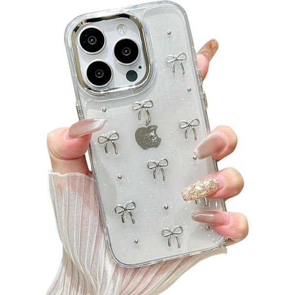 Skal för iPhone 16 Pro Max, Bling Glitter 3D Rosett Telefonskal Sött Glittrigt Kristallklart Rosett Estetisk Design Skal Slim Mjukt Tåligt TPU Transparent