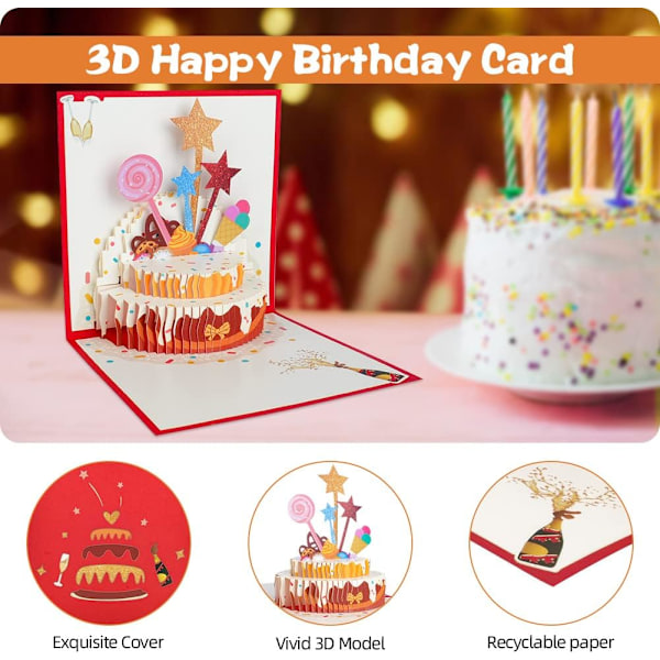3D Syntymäpäiväkortti, 3D Pop Up -kortti kirjekuorella, Syntymäpäiväkortti lapsille, äidille, isälle, vaimolle, naisille (Syntymäpäiväkakku)