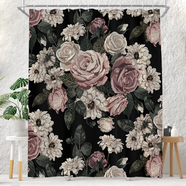 Sort Blomster Bruseforhæng til Badeværelse Sæt Mørk Rose Blomst Boho Victorian Forår Vildblomst Vintage Plante Badeforhæng