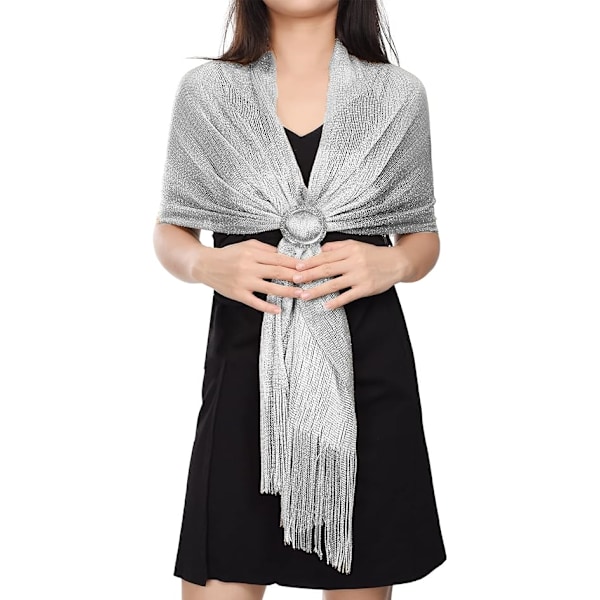 Kvinners Tassel Sjal for Kveld, Fest, Bryllup med Trykknapper Silver