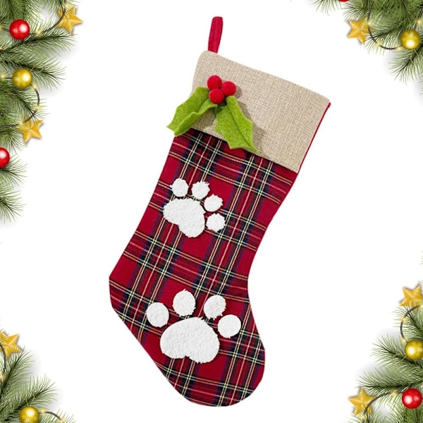 Christmas Stockings with Paw Ornaments, Xmas Burlap Stockings for Fireplace, Large Red Buffalo Plaid Stocking Decoration