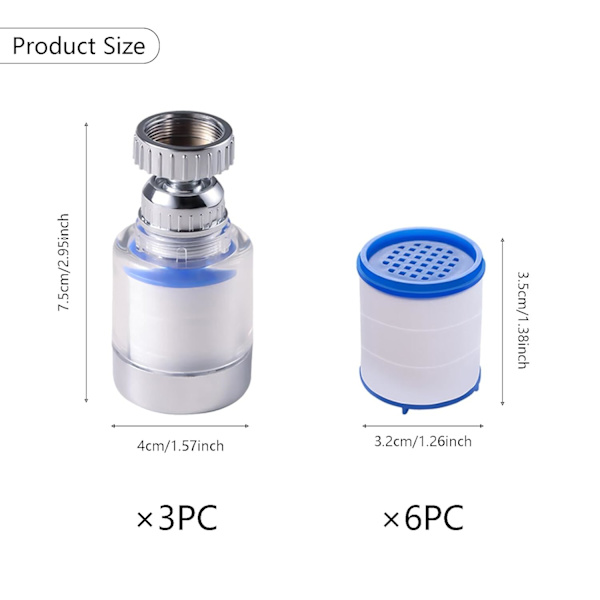 3 st 360° roterande kalkavvisande kranfilter, transparent, med 6 st PP-bomullsfilterelement,