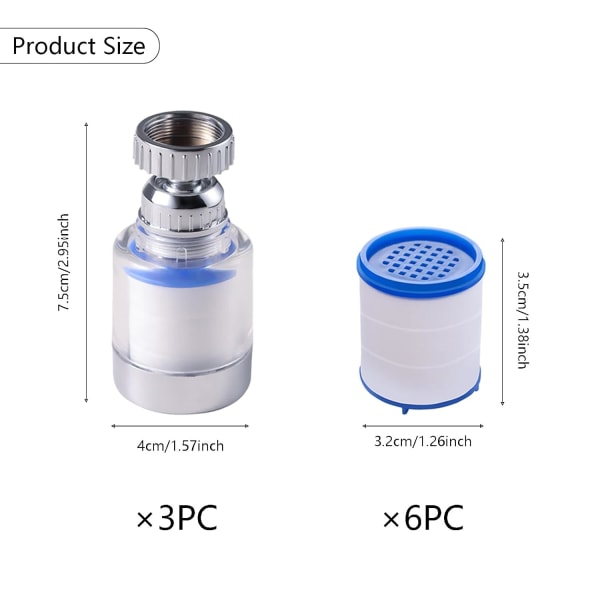 3 stk. 360° roterbart anti-kalkfilter for springen, transparent, med 6 stk. PP-bomullsfilterelementer,