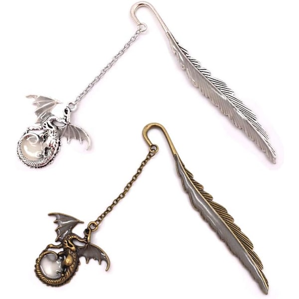 Hohtava metallimerkki, 2 kpl Retro metalli sulka kirjanmerkit Lohikäärme sulka Luova kirjanmerkki