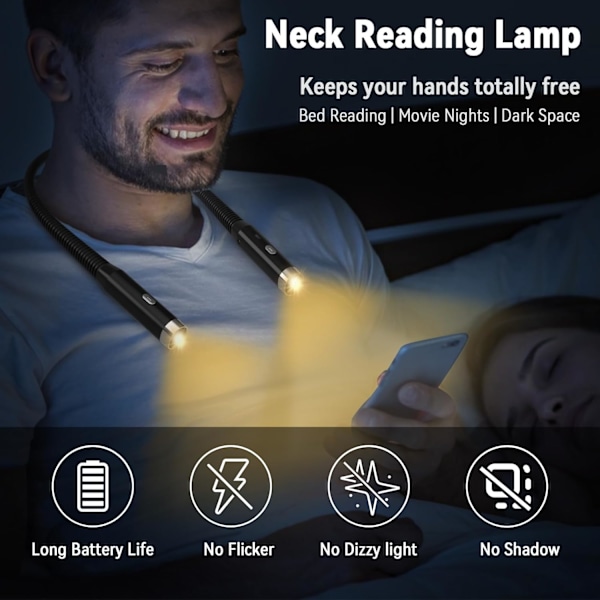 1 stk. Halslæselampe, genopladelig læselampe til sengen, 3 farver og 3 justerbare lysstyrkeniveauer, 360° foldbar, USB LED-læselampe til T