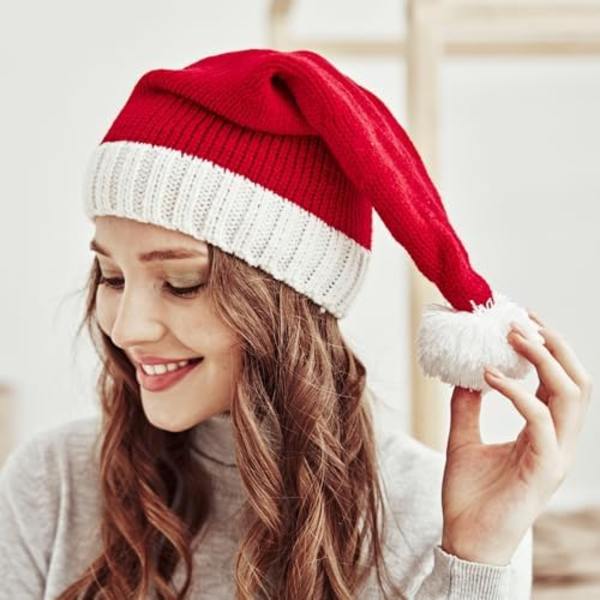 Jultomte Stickad Mössa för Vuxen, Röd Vit Vintermössa Beanie Skull Caps för Kvinnor & Män