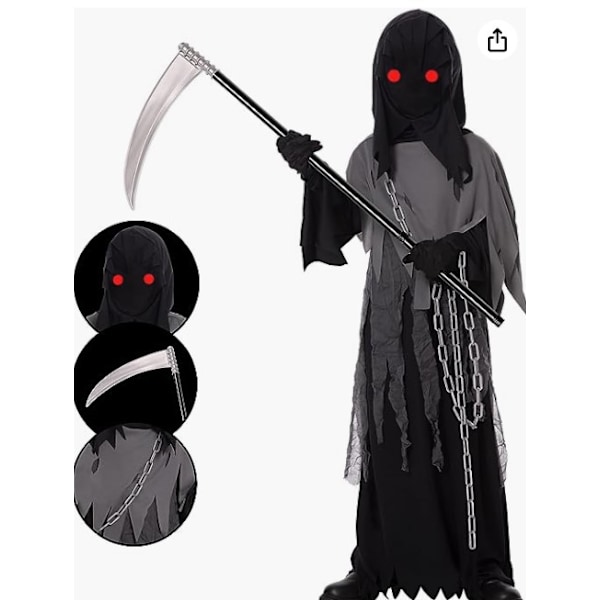 1 setti musta lasten Grim Reaper -asu, punaiset silmät hohtava aave Halloween -asu, M