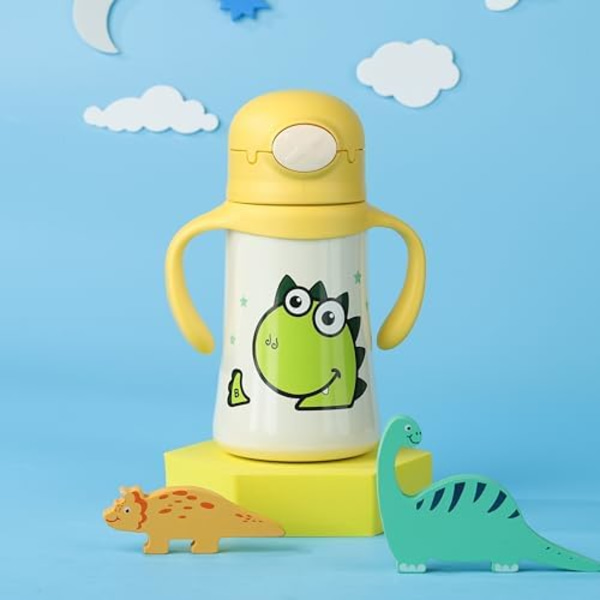 8x16,5cm Dinosaur Sippy Cup i Rustfritt Stål med Justerbar Stropp, Vannflaske for Barn med Håndtak, Isolerte Småbarnskopper