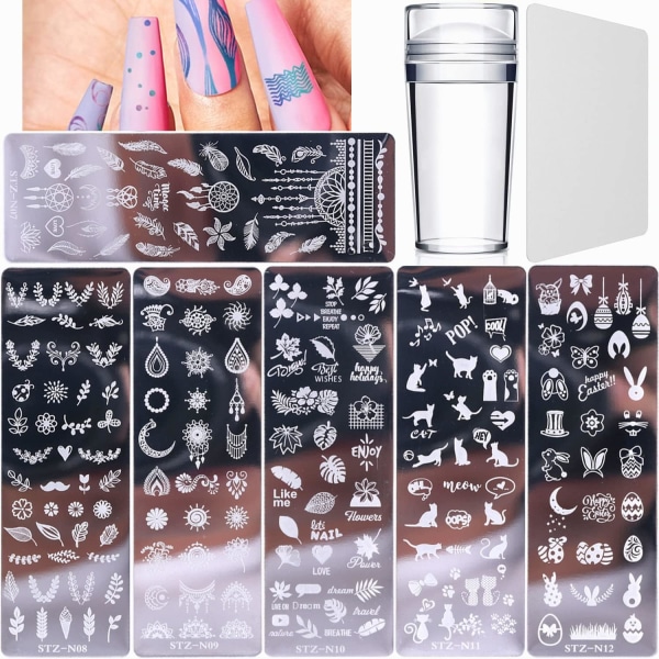 6pcs Nail Stamping Plates, with 1 Clear Stamper, 1 Scraper (