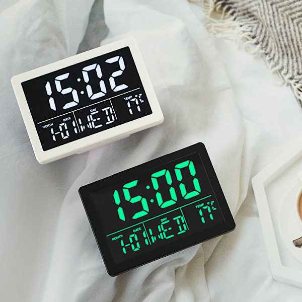 (Grön) Elektronisk väckarklocka, LCD-skärm Tid Datum Vecka Temperaturvisning Snooze-funktion 8 Ringsignaler Volymjustering
