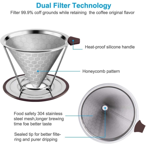 Kaffefilter, permanent kaffefilter Papirløst rustfritt stål kaffefilter med dobbelt rustfritt