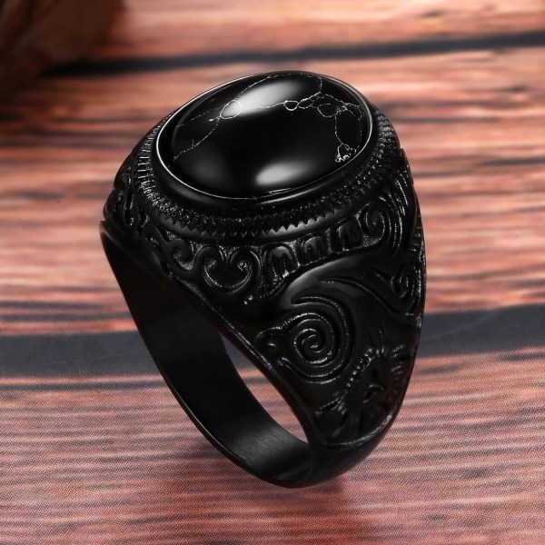 Retro Tiger Eye Stone Herrringar, Svarta Onyx Ringar för Män Rostfritt Stål Ring Oval Biker Ring för