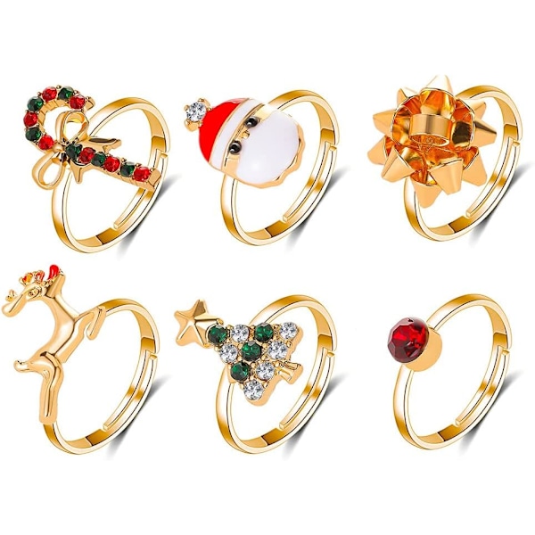 6Pcs Christmas Statement Ring Set Christmas Tree Santa Claus Crutches Elk Reindeer Bow Festive Crystal Snowflake for Wom