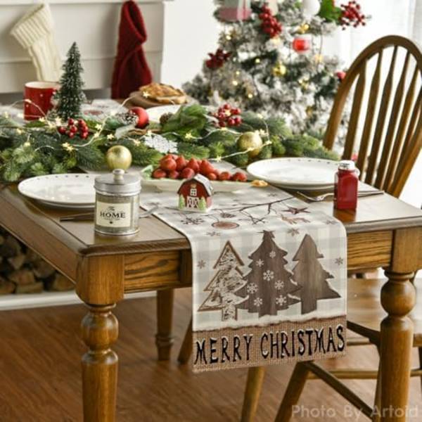 Rutiga Träjulgran Ornament Julbord Löpare, Säsongsbetonad Vinterkök Matbord Dekoration för Hem