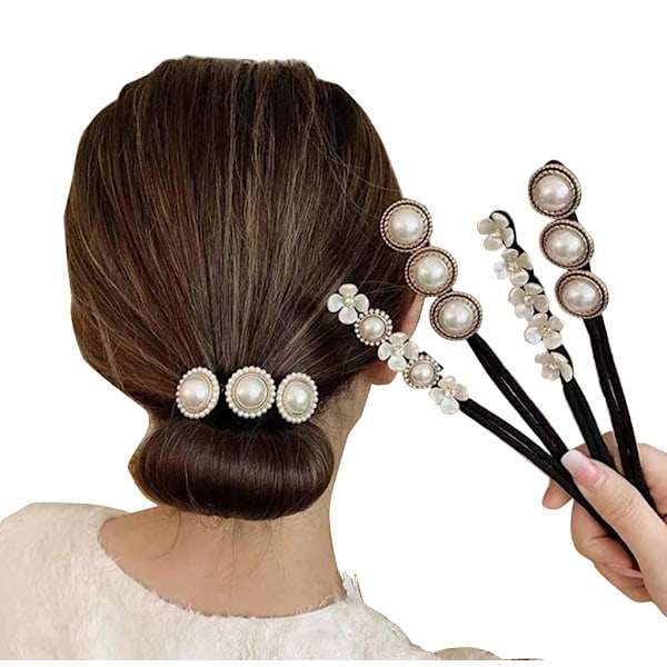 32×1.5×1cm 4 st Magic Hair Bun Makers med Pärlor och Blommor i Skum, Donut Hållare för Hårtvinning, Lockar och S
