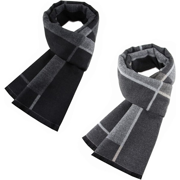 2 Packs Cashmere Feel Men Scarf for Winter, Black Grey Lattice Grid Plaid Stripe Soft Warm Scarf