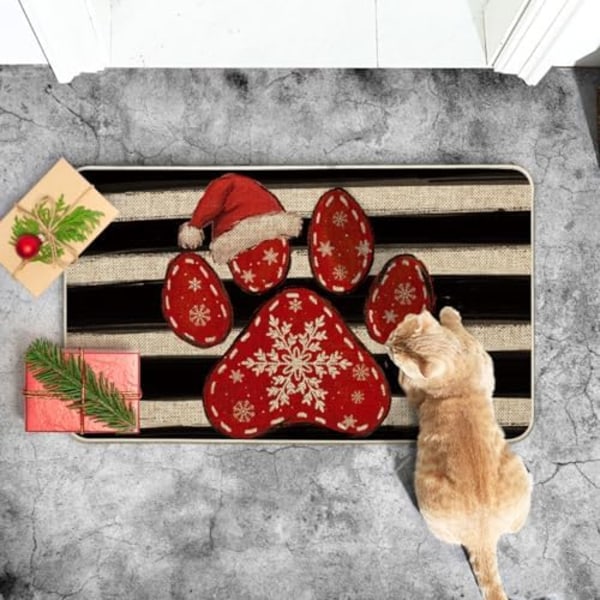 40x60cm Paw Print Hat Juletræsdørmatte, Vinter Jule Hjem Decor Lav Profil Skift Tæppe Dør Matte Gulv Matte til Indendørs Ud