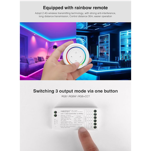 FUT037SA+ Miboxer 3-i-1 LED-controller-kit, kompatibel med RGB & RGBW & RGB+CCT LED-striplys