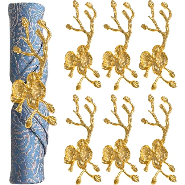 (Guld) Guld Servietringe Sæt med 6, Metal Blommeblomst Servietringe Stof Servietholder til Bryllupper Valentinsdag, Ferie, Receptioner, Middagsselskab,