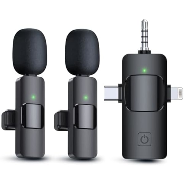3 i 1 Trådløse Lavalier Mikrofoner til iPhone, iPad, Android, Kamera, USB-C Mikrofon, 7 Timers Batteri, Mini Mikrofon