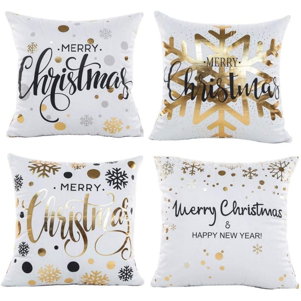 Pillow Case, Set of 4 Cotton and Linen Christmas Snowflake Print Square Cushion Cover for Bed Car Ho