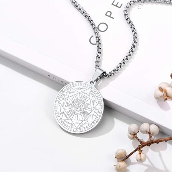 (Rostfritt stål)Sju ärkeänglar Talisman Pentagram Halsband, Robust Medaljong, med Kedja