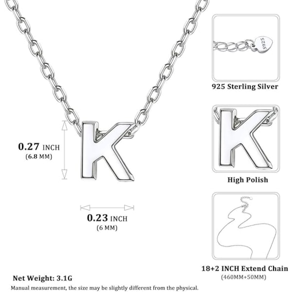 1 Initial k Bokstav Kjede Halskjede for Kvinner 925 Sterling Sølv/