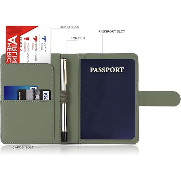 Premium Läder Passportfodral, Vattentätt RFID-Blockerande Reseplånbok Passportfodral med Pennhållare, Klippt