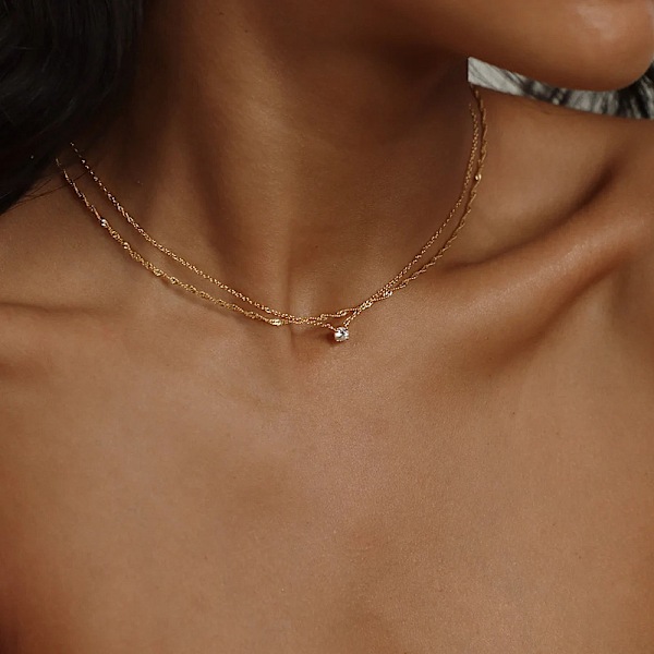 Diamanthalskæder til kvinder, Slank 14k Guld/Sterlingsølv Choker Halskæde Enkel Guldbelagt Smykker Halskæder til K