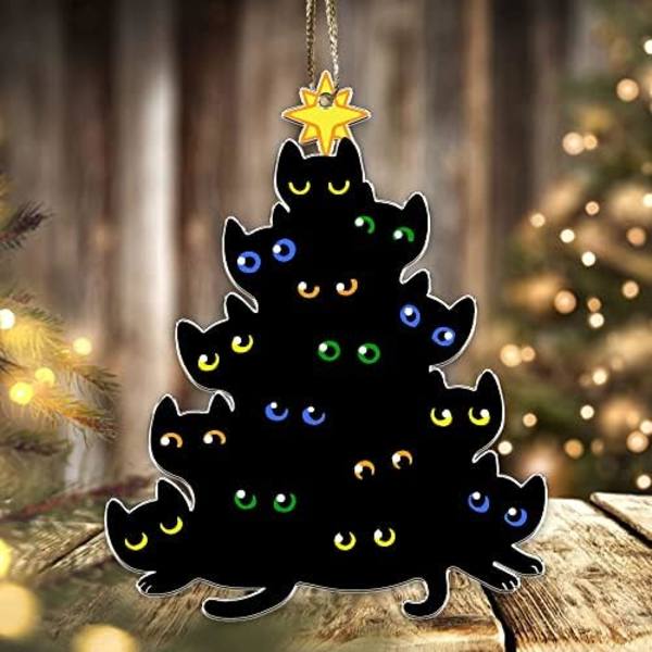 Sorte Katte Julepynt - Sorte Katteøjne Akryl Flad Pynt - Sød og Spooky Juletræspynt til Katteelskende