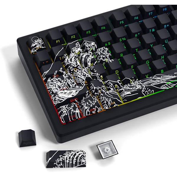 Shine Through Keycaps - PBT Dye Sub Keycap Set, Side Print Keycaps, 131 Taster Cherry Profil Tilpassede Keycaps, Wave of Kana