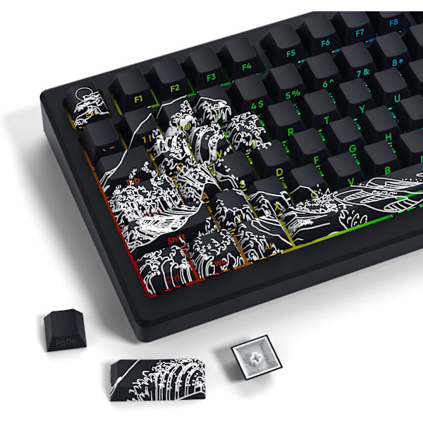 Shine Through Keycaps - PBT-väripainatusnäppäinhattusetti, sivupainatusnäppäinhatut, 131 näppäintä Cherry-profiililla, Wave of Kana