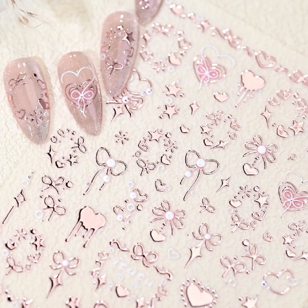 Valentines 5D Preget Neglekunst Klistremerker Romantisk Rose Gull Negledekaler Selvklebende Bronse Sløyfe Hjerte Negleklistremerker Valentine's Rosa Negledesign St