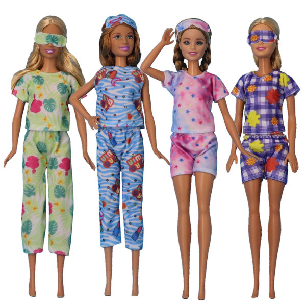 4 sett med dukkeklær, egnet for nye 30cm dukkeklær, pyjamassett (klær + bukser + øyemaske)